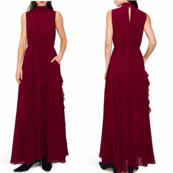 Melloday Mock Neck Ruffle Formal Party Maxi Dress Burgundy Size Small - Picture 6 of 10